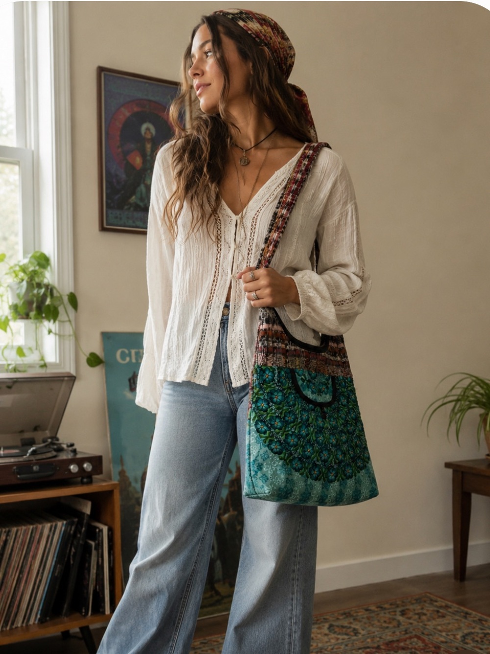Boho Teal Patterned Patchwork Crossbody Tote Bag